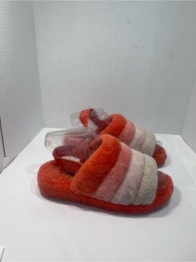 UGG Women's Striped Fluff Slide in Coral, Pink & Cream
